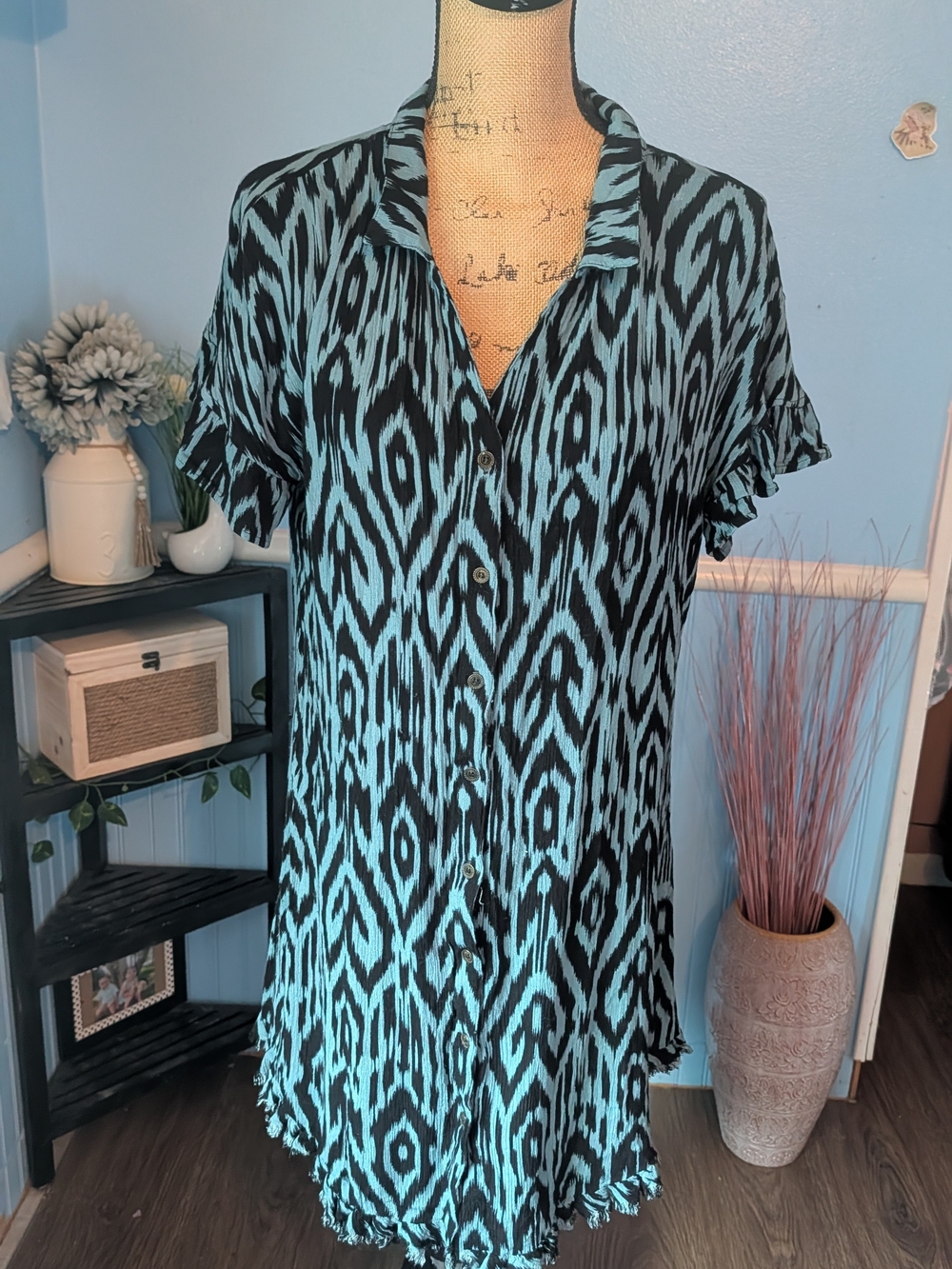 Umgee Black and Blue Ikat Button-Down Tunic Shirt